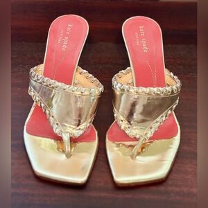 Rare Kate Spade Italy Metallic Gold Leather Thong Wedge Heel Sandals 8.5 B EUC